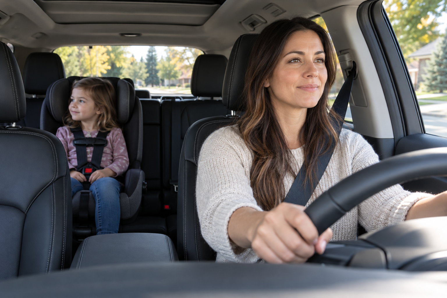 Woman driving with a child secured in a car seat in the back
